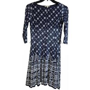 Haani Navy Blue and White Patterned Long Sleeve Sheer Dress Size PS